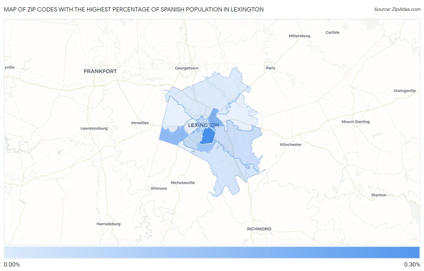 Zip Codes with the Highest Percentage of Spanish Population in Lexington Map