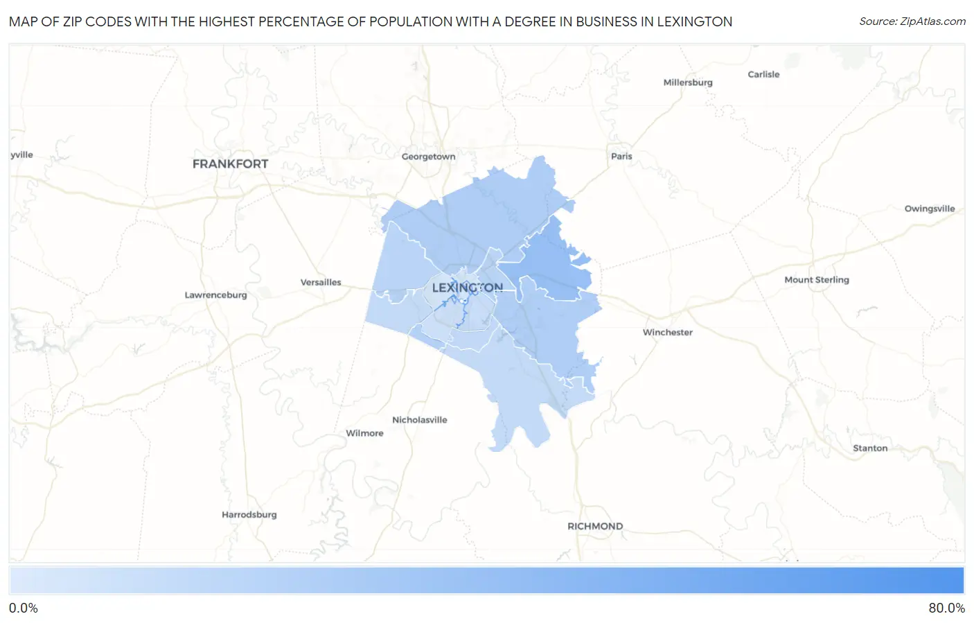 Zip Codes with the Highest Percentage of Population with a Degree in Business in Lexington Map