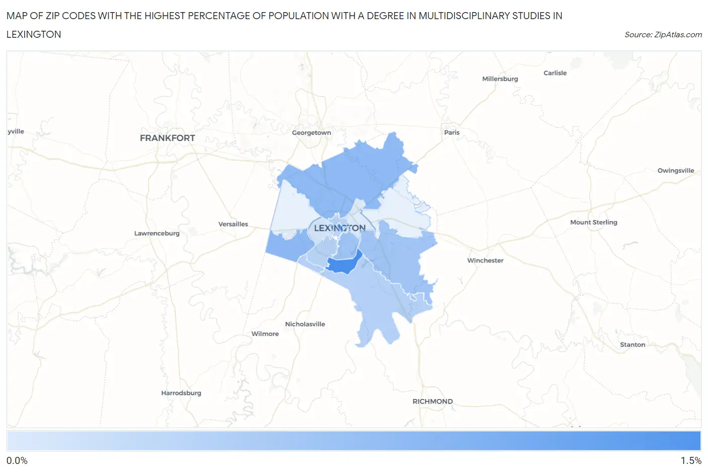 Zip Codes with the Highest Percentage of Population with a Degree in Multidisciplinary Studies in Lexington Map