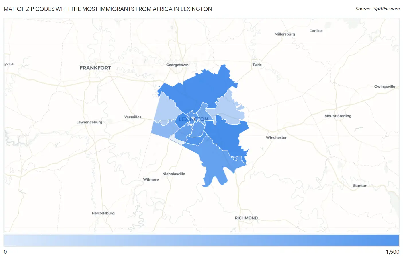 Zip Codes with the Most Immigrants from Africa in Lexington Map