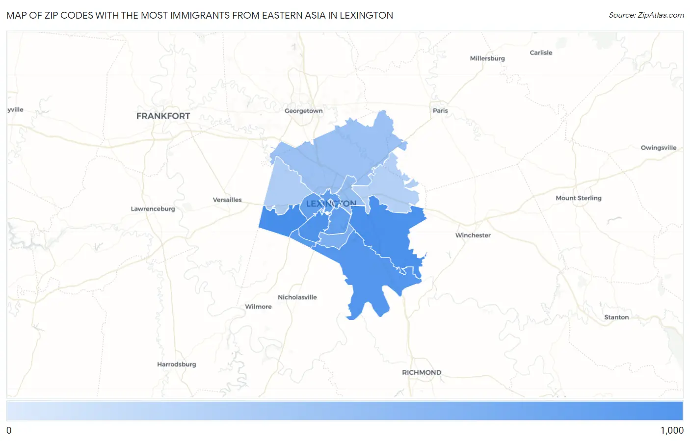 Zip Codes with the Most Immigrants from Eastern Asia in Lexington Map