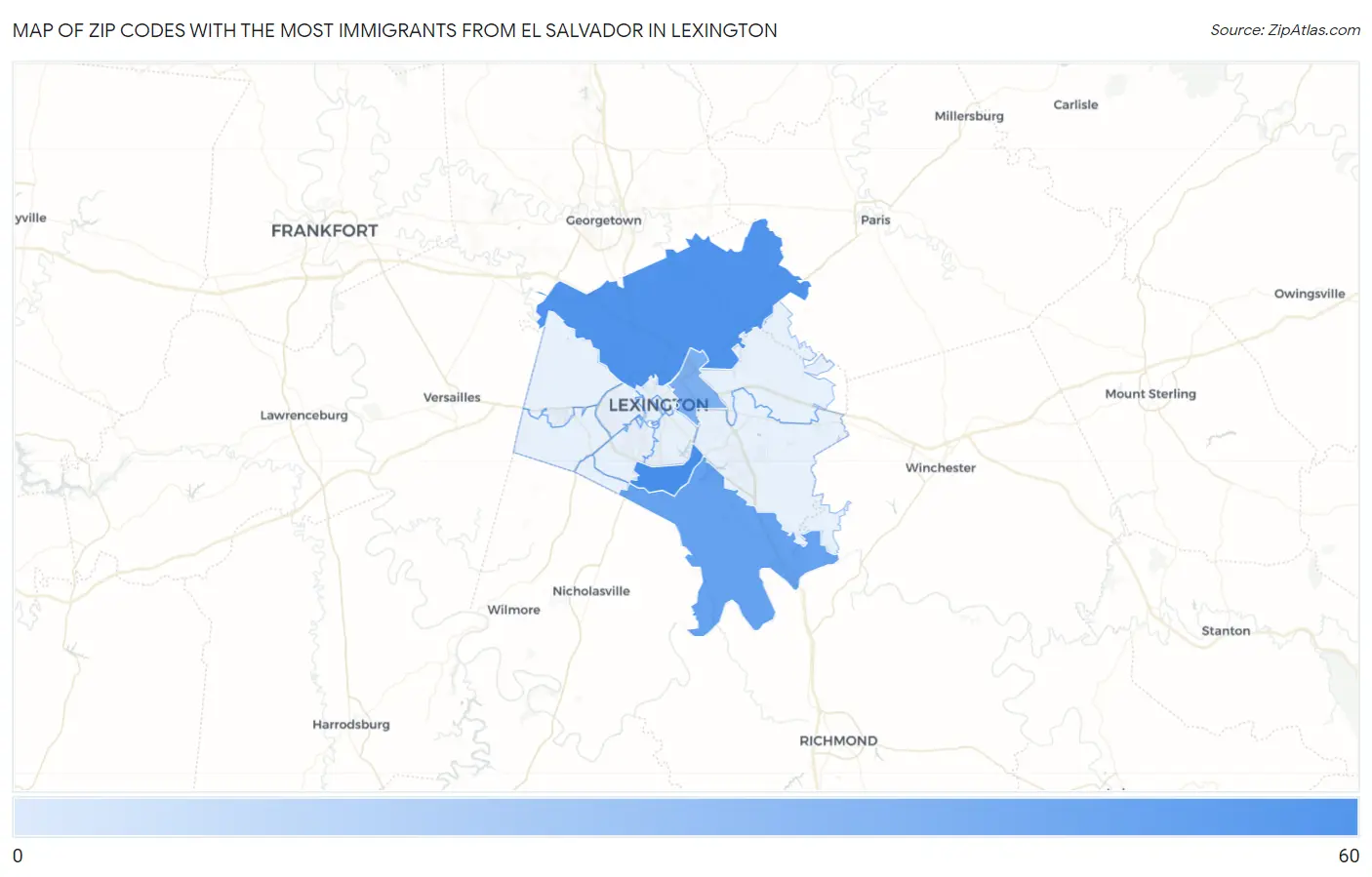 Zip Codes with the Most Immigrants from El Salvador in Lexington Map