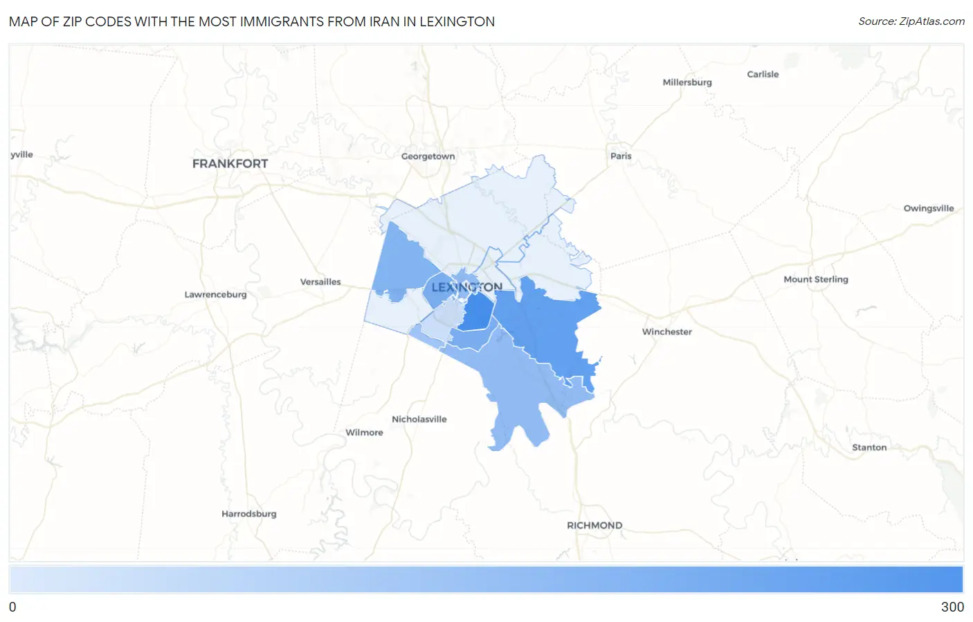 Zip Codes with the Most Immigrants from Iran in Lexington Map