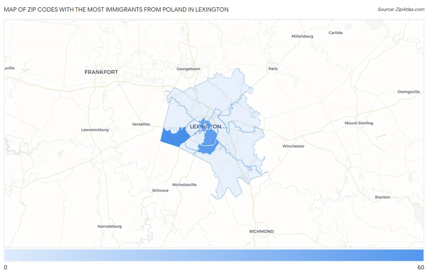 Zip Codes with the Most Immigrants from Poland in Lexington Map
