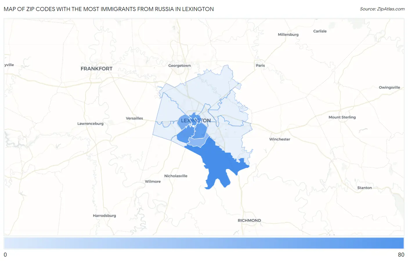 Zip Codes with the Most Immigrants from Russia in Lexington Map