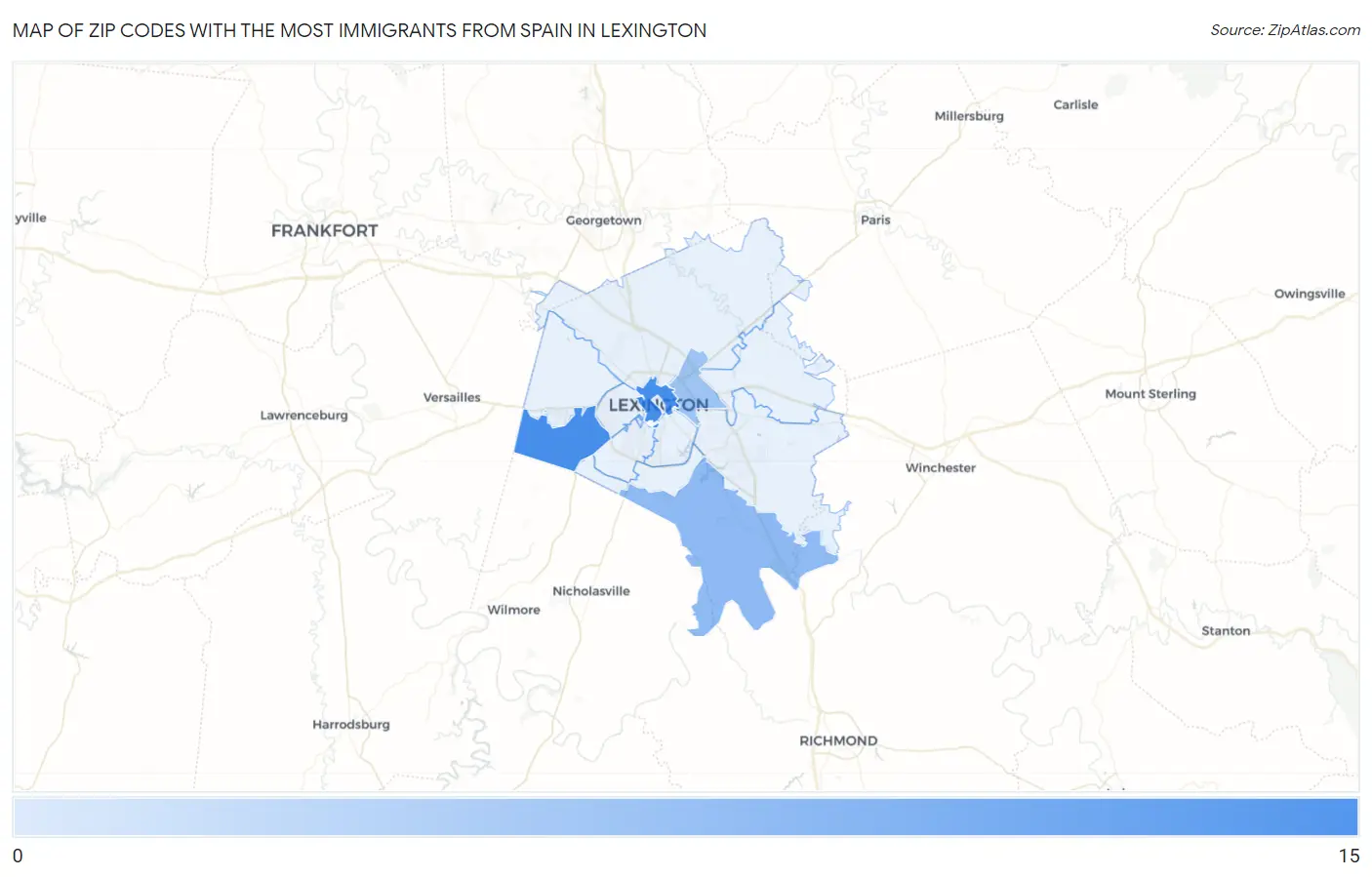 Zip Codes with the Most Immigrants from Spain in Lexington Map