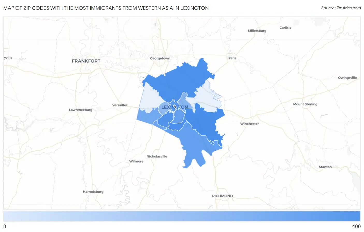Zip Codes with the Most Immigrants from Western Asia in Lexington Map