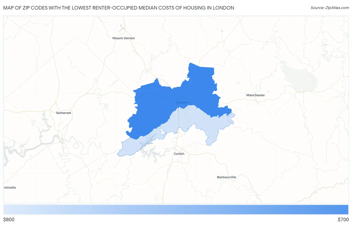 Zip Codes with the Lowest Renter-Occupied Median Costs of Housing in London Map