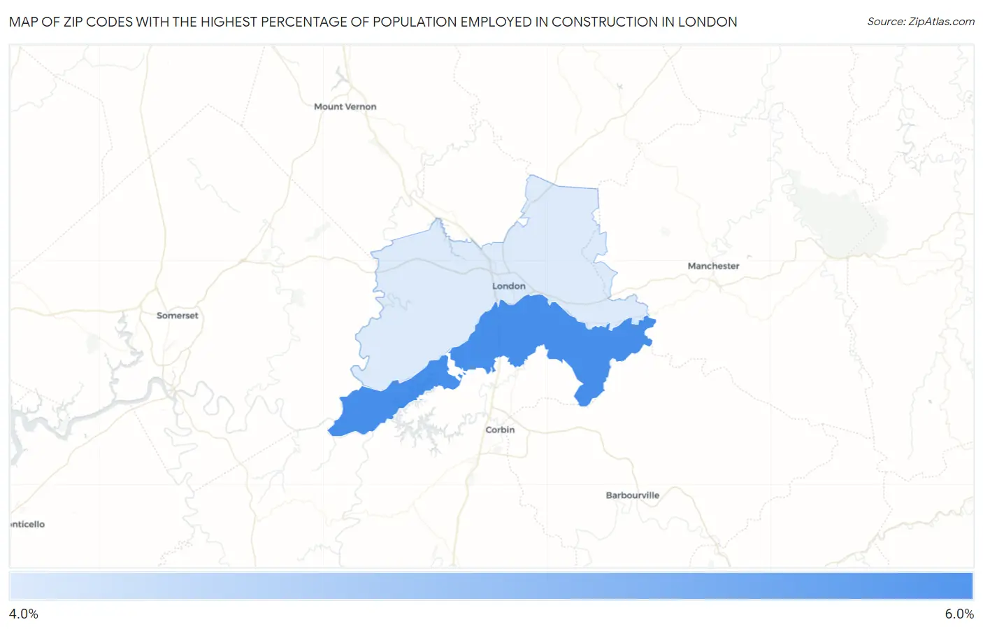 Zip Codes with the Highest Percentage of Population Employed in Construction in London Map