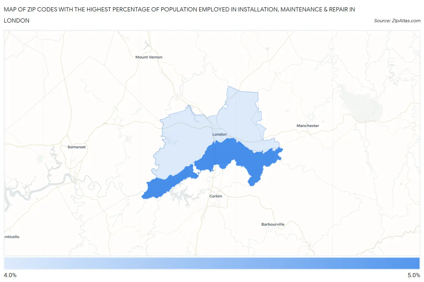 Zip Codes with the Highest Percentage of Population Employed in Installation, Maintenance & Repair in London Map
