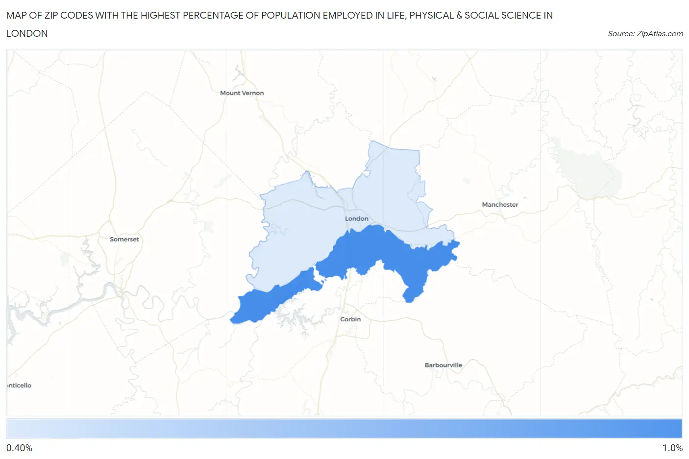 Zip Codes with the Highest Percentage of Population Employed in Life, Physical & Social Science in London Map