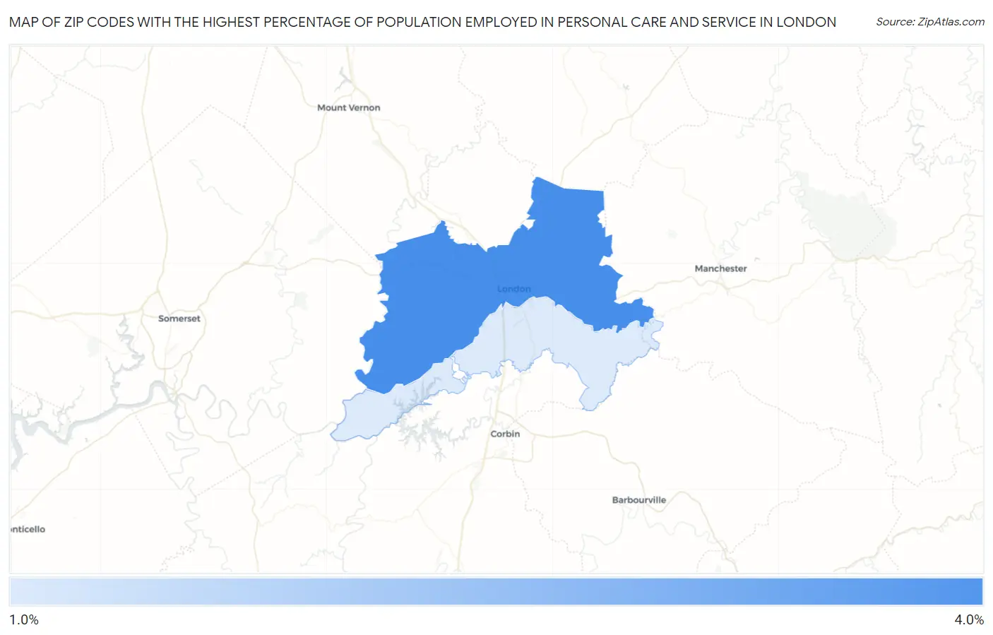 Zip Codes with the Highest Percentage of Population Employed in Personal Care and Service in London Map