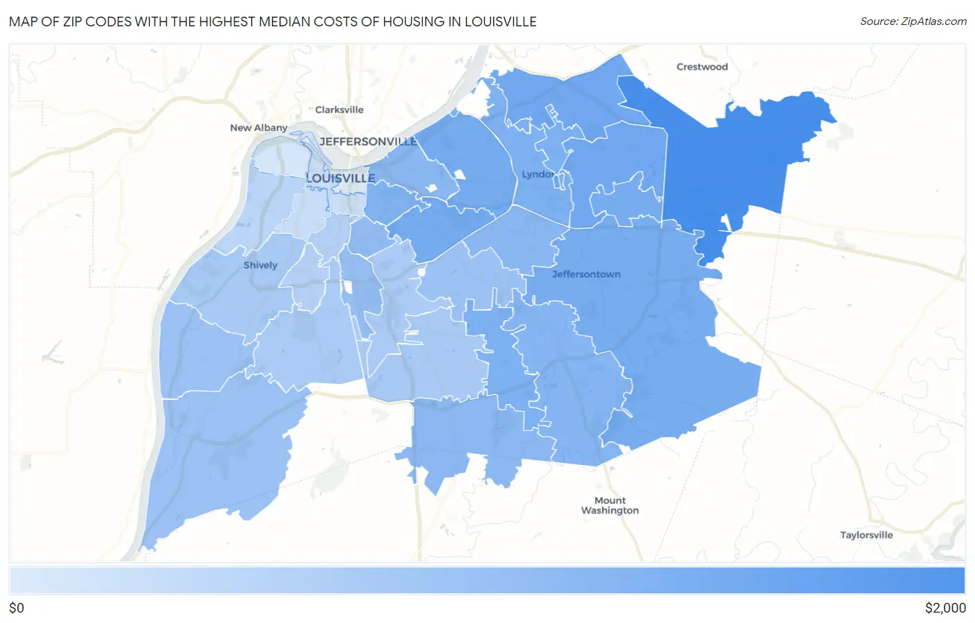 Zip Codes with the Highest Median Costs of Housing in Louisville Map