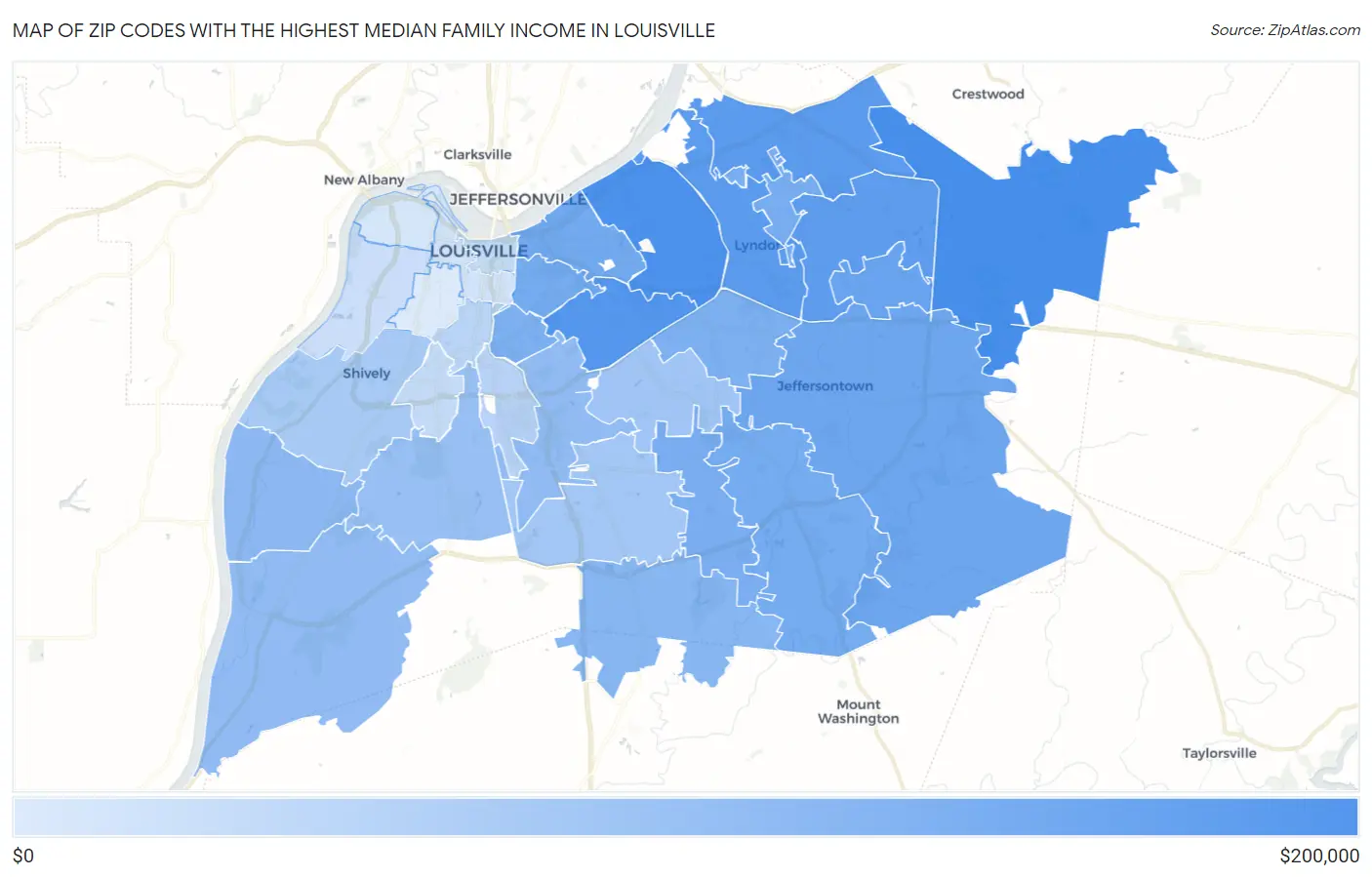 Zip Codes with the Highest Median Family Income in Louisville Map