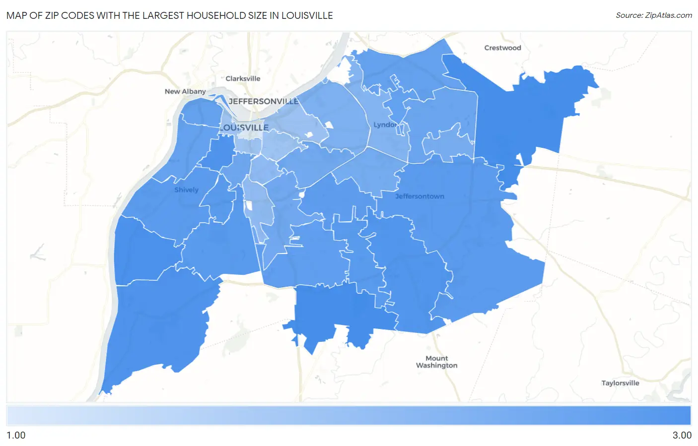 Zip Codes with the Largest Household Size in Louisville Map