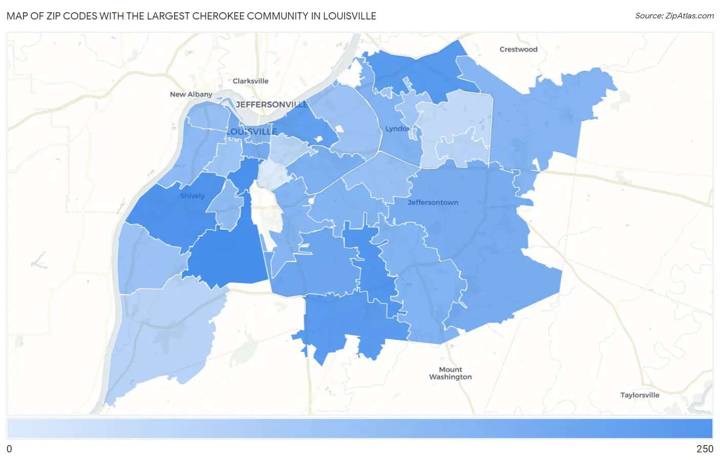 Zip Codes with the Largest Cherokee Community in Louisville Map