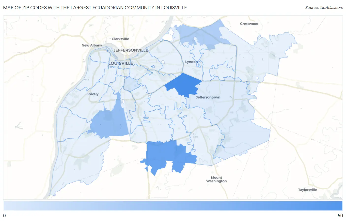 Zip Codes with the Largest Ecuadorian Community in Louisville Map