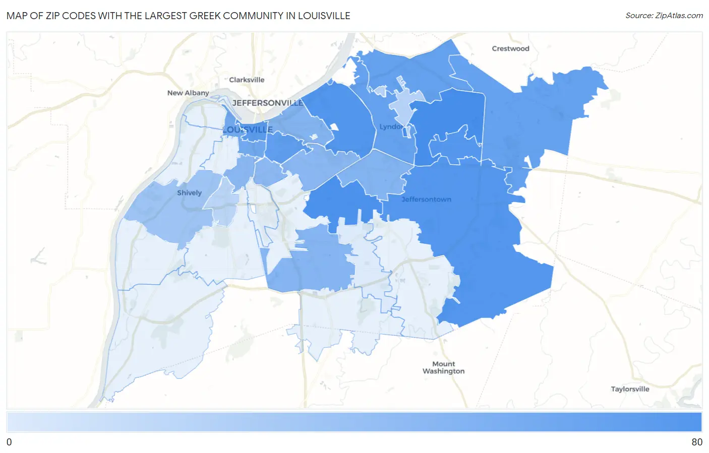 Zip Codes with the Largest Greek Community in Louisville Map
