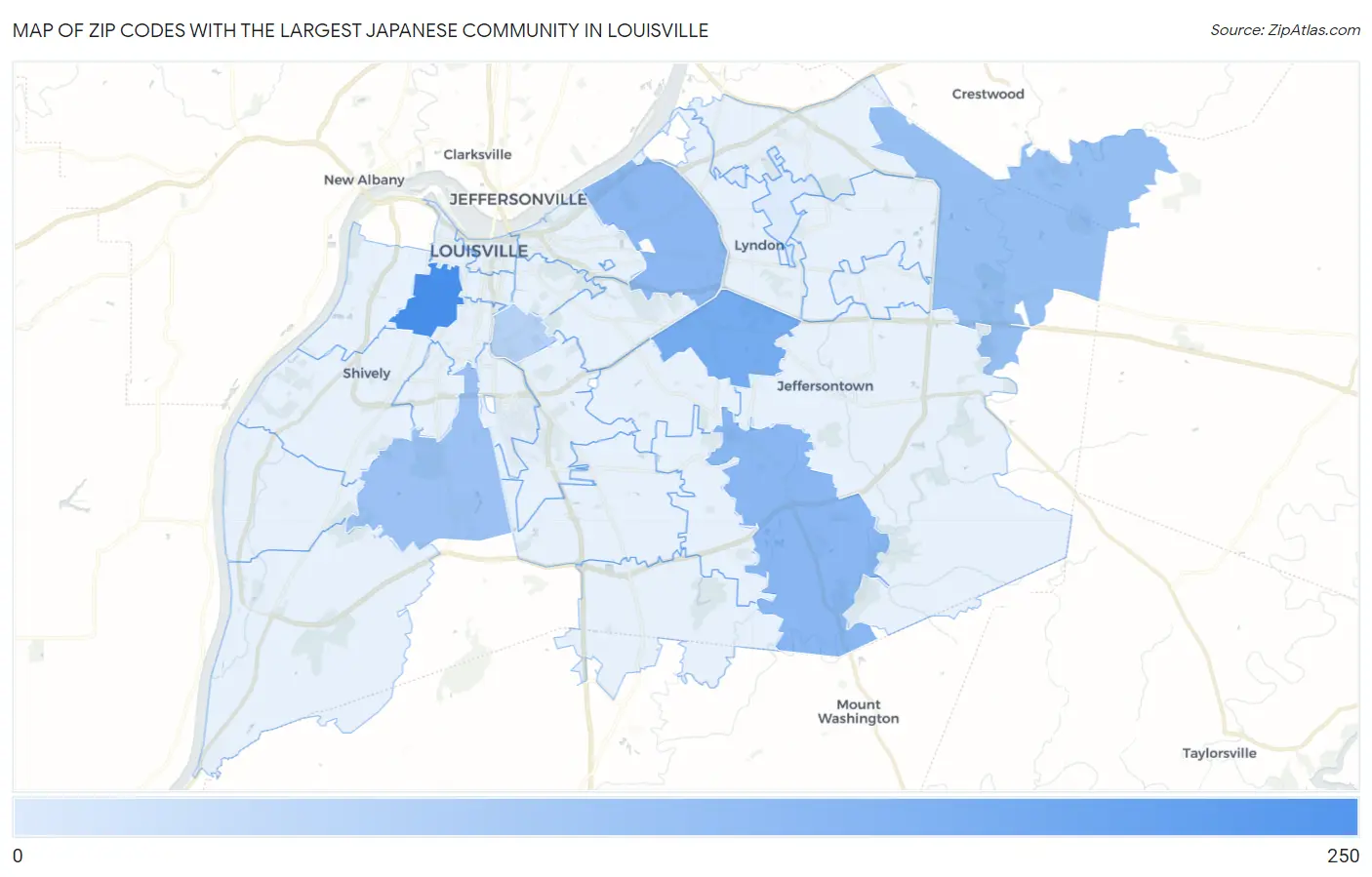 Zip Codes with the Largest Japanese Community in Louisville Map