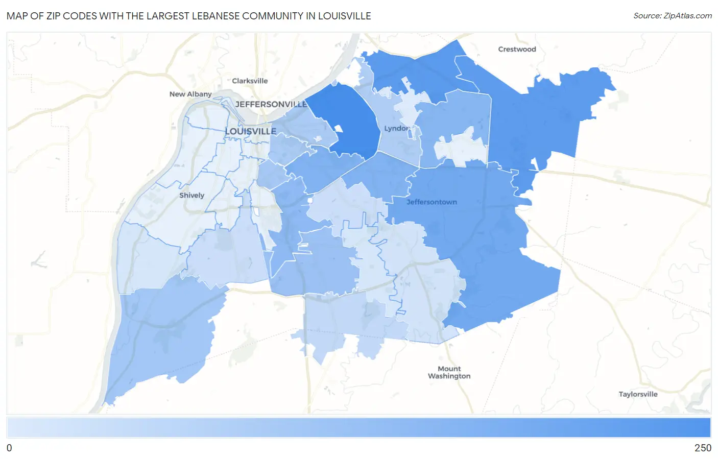 Zip Codes with the Largest Lebanese Community in Louisville Map