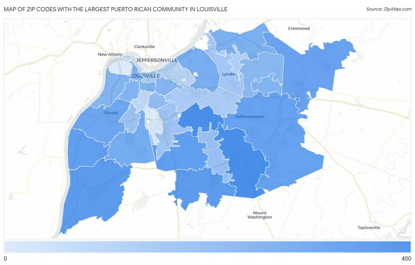 Zip Codes with the Largest Puerto Rican Community in Louisville Map