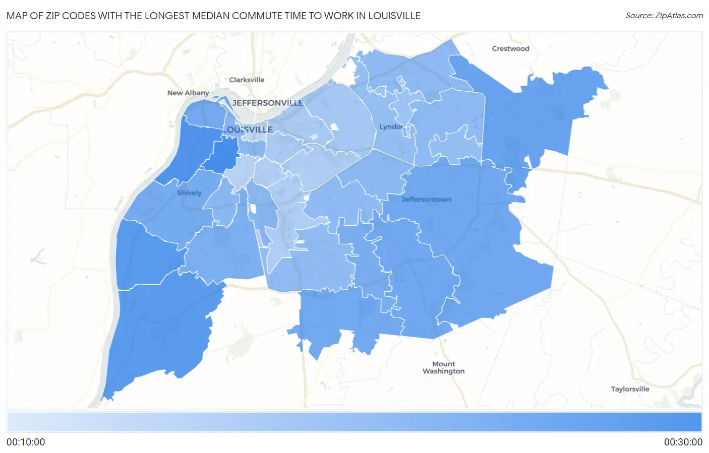 Zip Codes with the Longest Median Commute Time to Work in Louisville Map