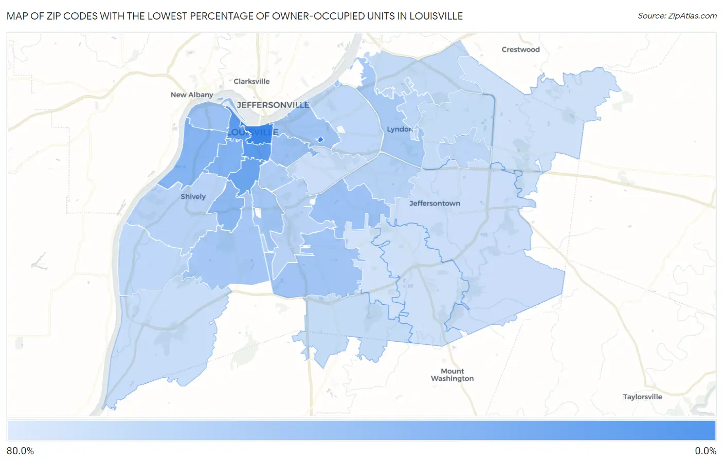 Zip Codes with the Lowest Percentage of Owner-Occupied Units in Louisville Map