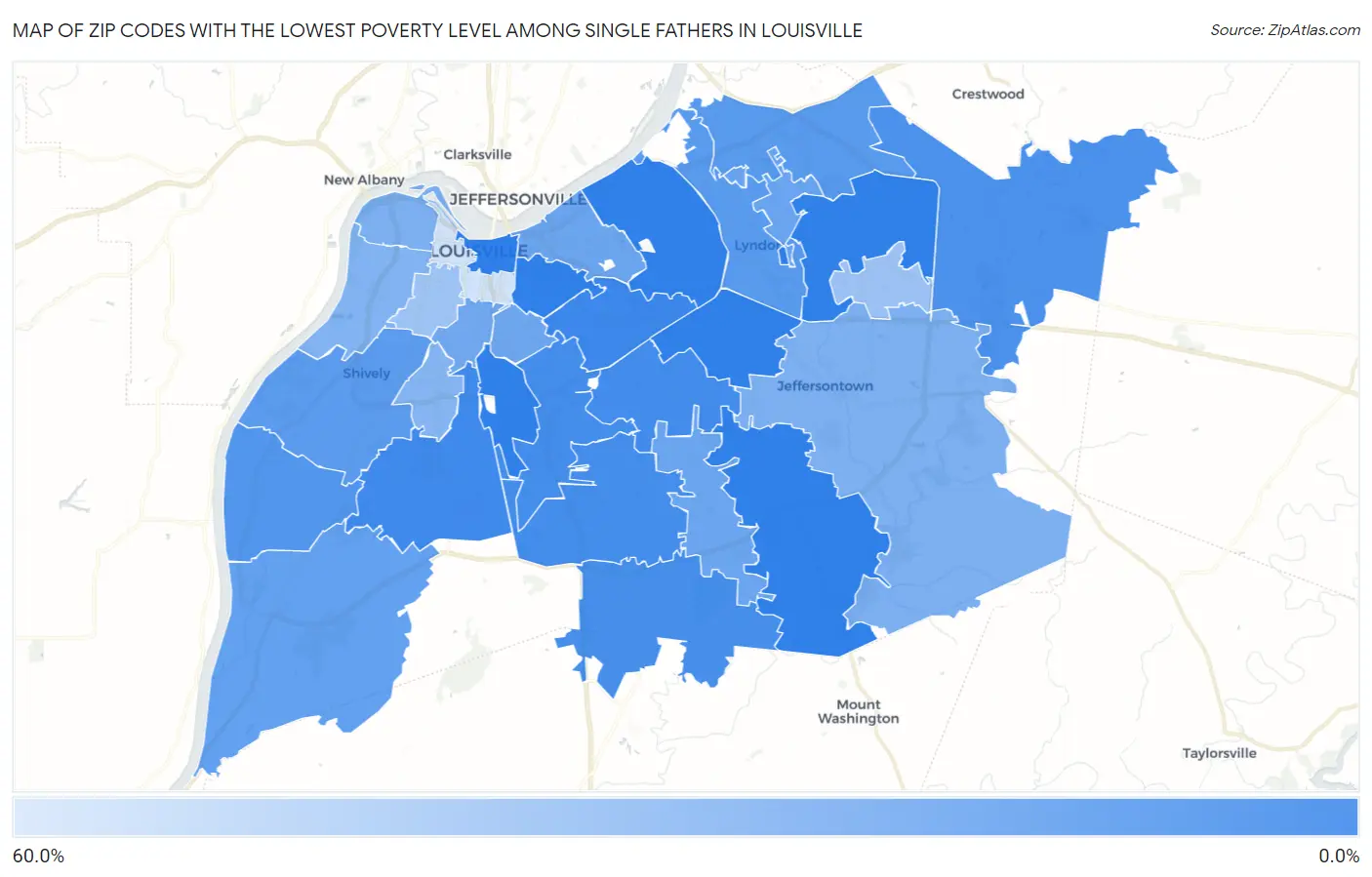 Zip Codes with the Lowest Poverty Level Among Single Fathers in Louisville Map