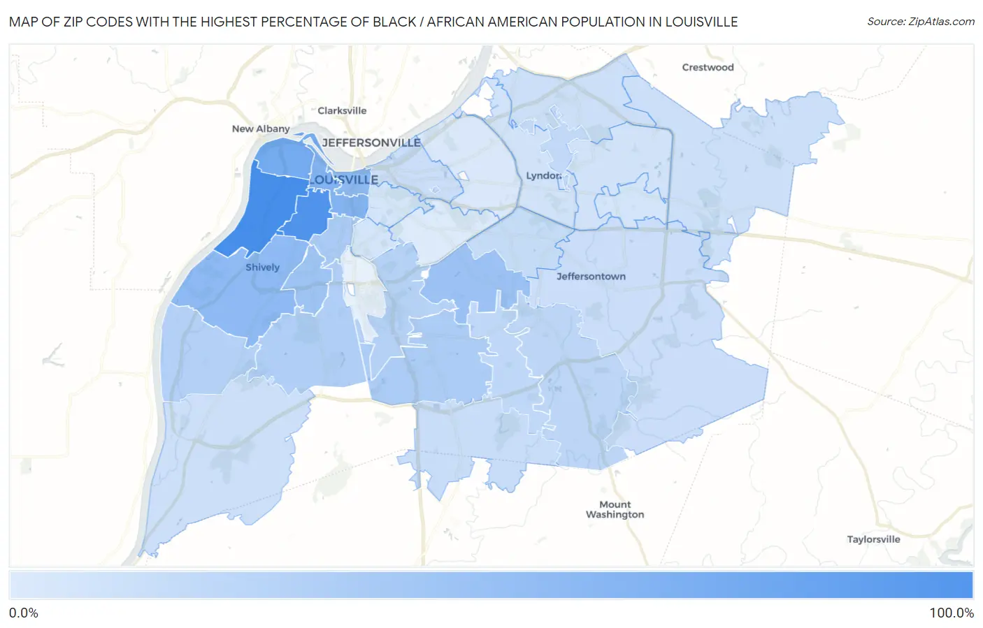 Zip Codes with the Highest Percentage of Black / African American Population in Louisville Map