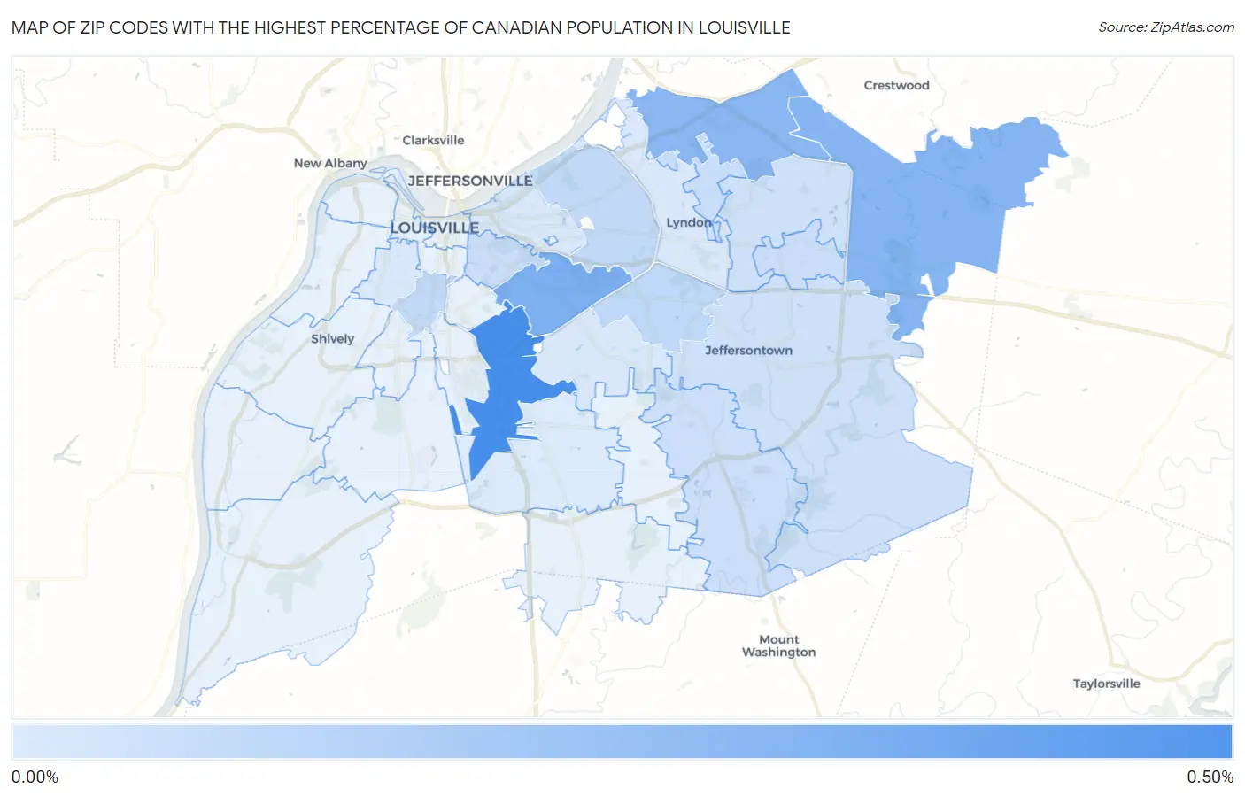 Zip Codes with the Highest Percentage of Canadian Population in Louisville Map
