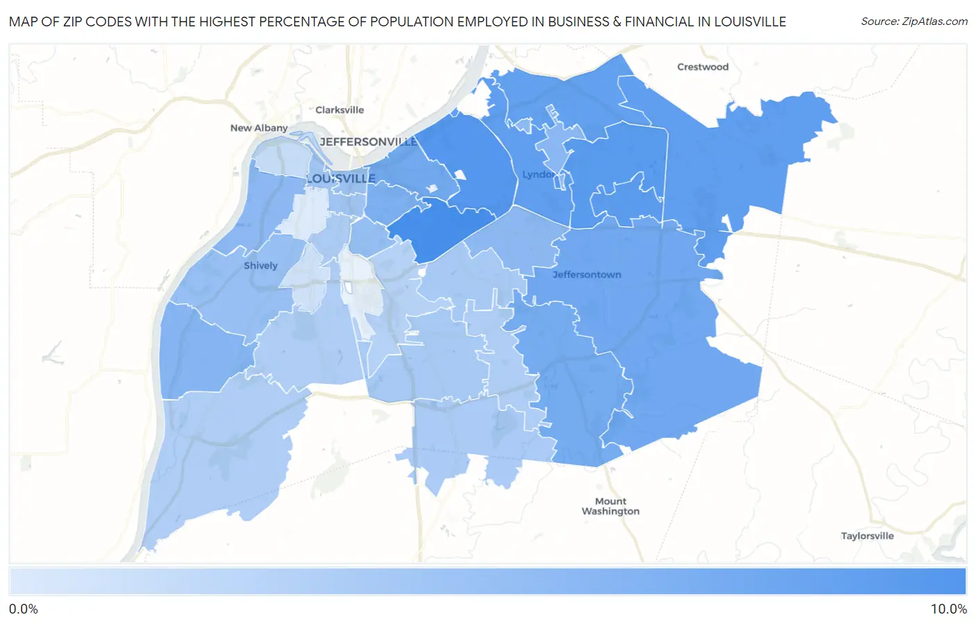 Zip Codes with the Highest Percentage of Population Employed in Business & Financial in Louisville Map