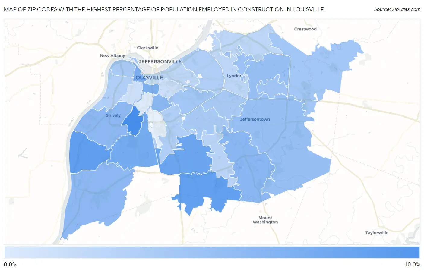 Zip Codes with the Highest Percentage of Population Employed in Construction in Louisville Map