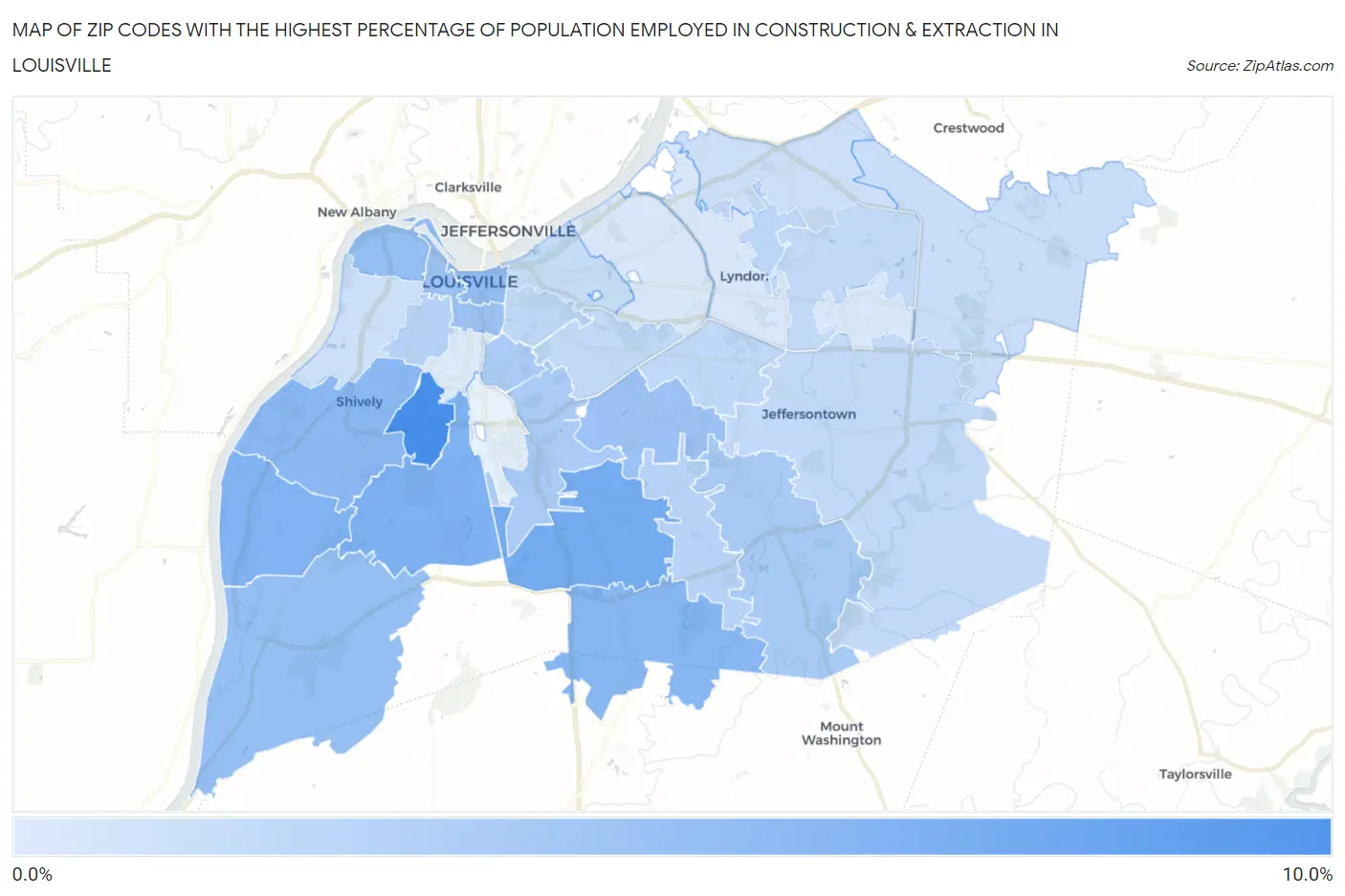 Zip Codes with the Highest Percentage of Population Employed in Construction & Extraction in Louisville Map