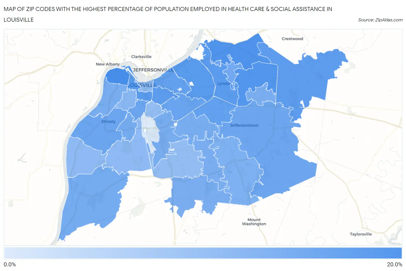 Zip Codes with the Highest Percentage of Population Employed in Health Care & Social Assistance in Louisville Map