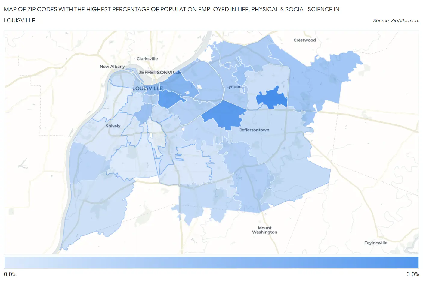 Zip Codes with the Highest Percentage of Population Employed in Life, Physical & Social Science in Louisville Map