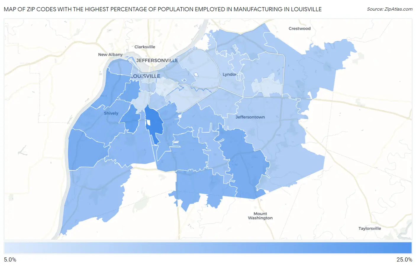 Zip Codes with the Highest Percentage of Population Employed in Manufacturing in Louisville Map
