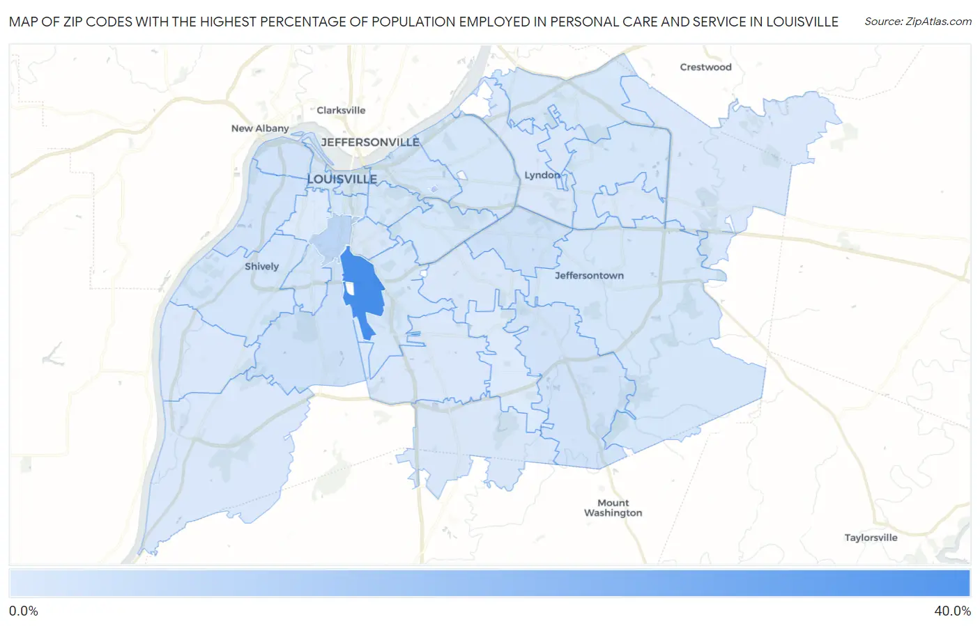 Zip Codes with the Highest Percentage of Population Employed in Personal Care and Service in Louisville Map