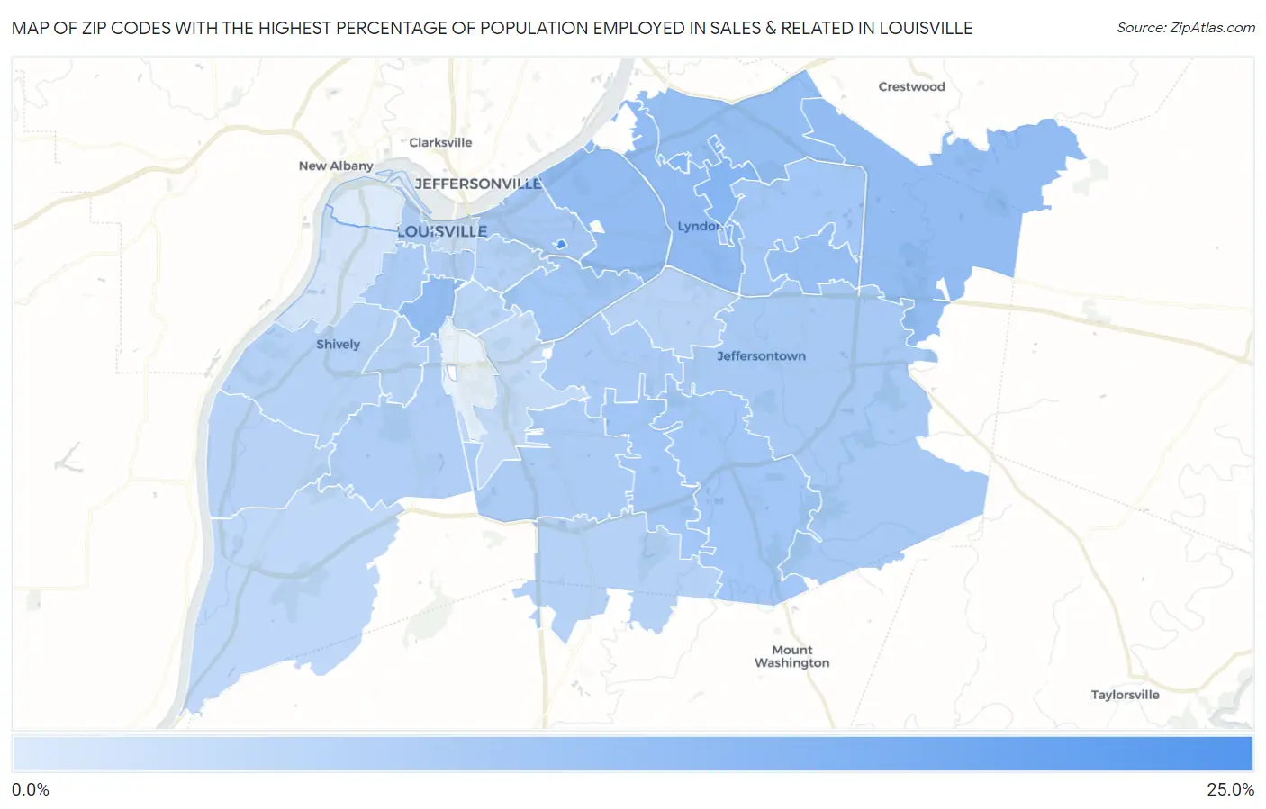Zip Codes with the Highest Percentage of Population Employed in Sales & Related in Louisville Map