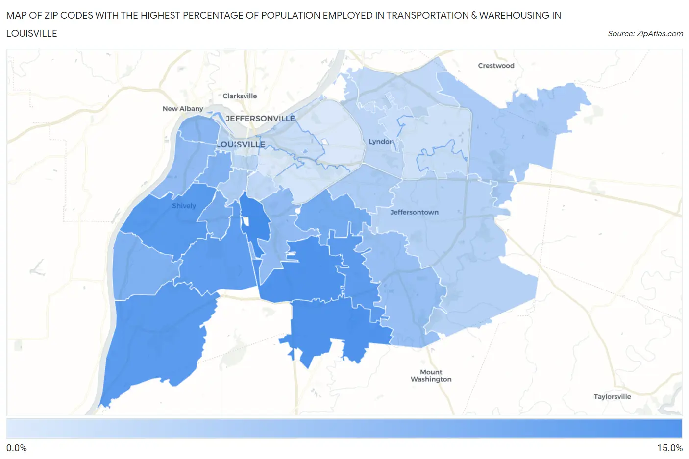 Zip Codes with the Highest Percentage of Population Employed in Transportation & Warehousing in Louisville Map