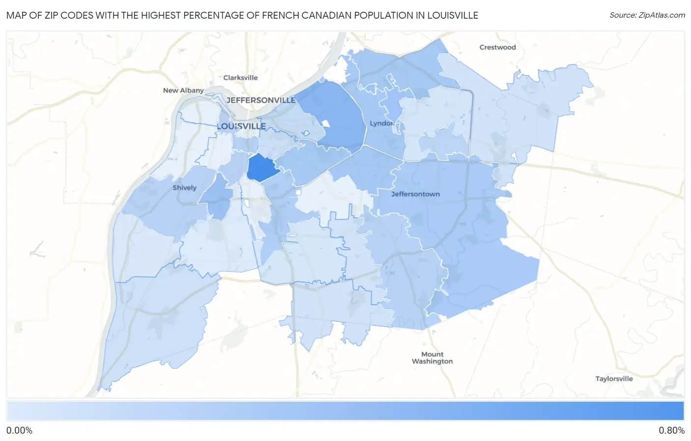 Zip Codes with the Highest Percentage of French Canadian Population in Louisville Map