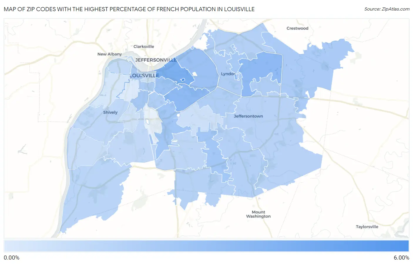 Zip Codes with the Highest Percentage of French Population in Louisville Map