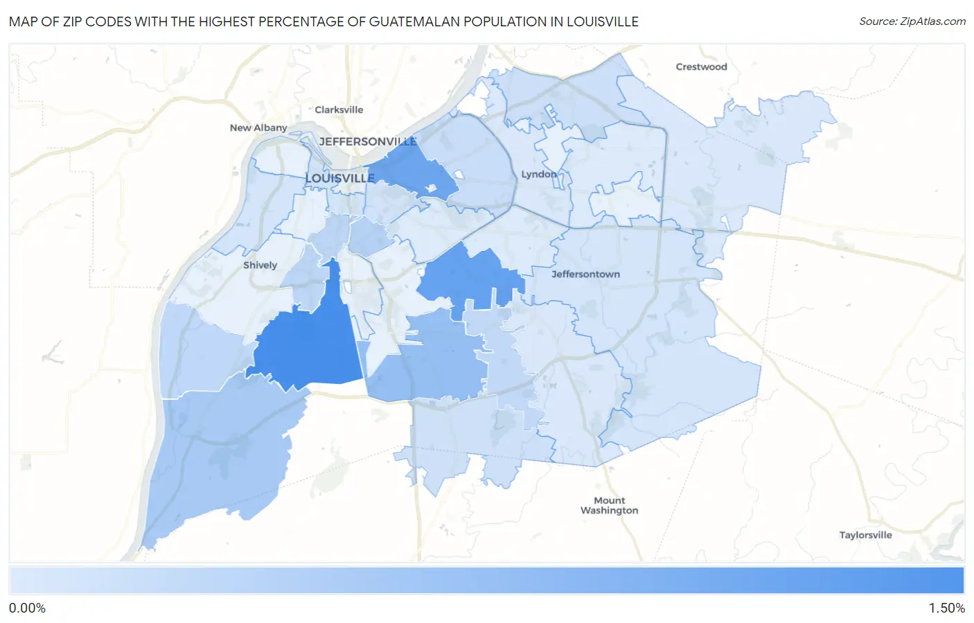 Zip Codes with the Highest Percentage of Guatemalan Population in Louisville Map