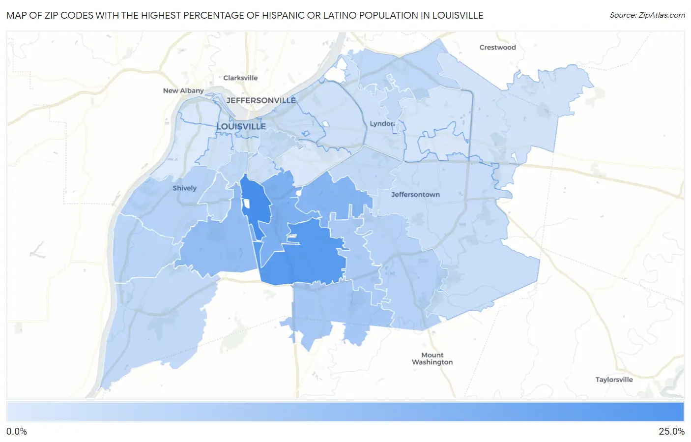 Zip Codes with the Highest Percentage of Hispanic or Latino Population in Louisville Map
