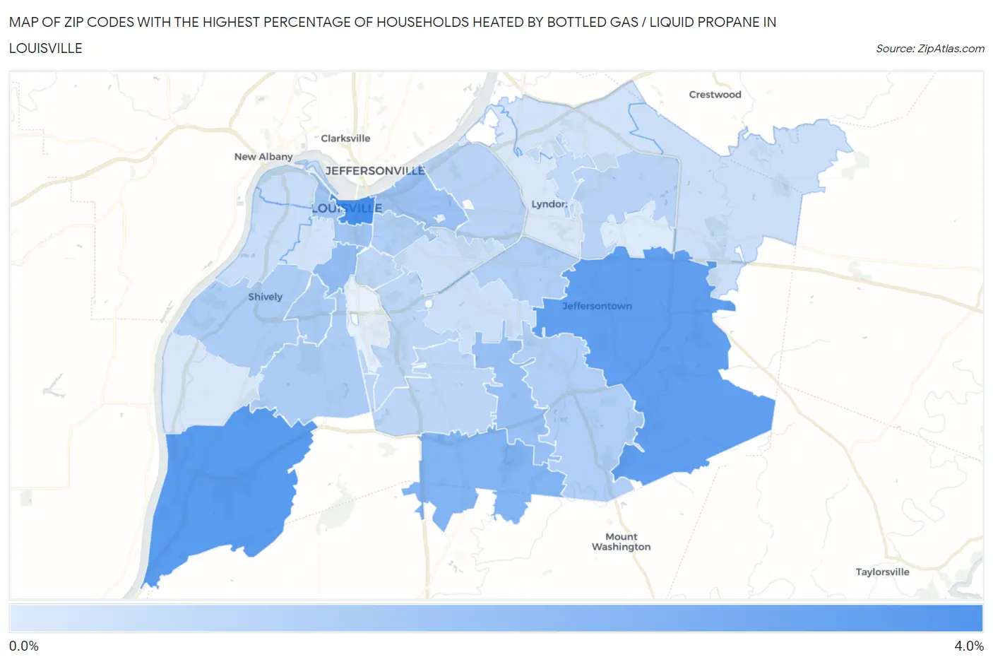 Zip Codes with the Highest Percentage of Households Heated by Bottled Gas / Liquid Propane in Louisville Map