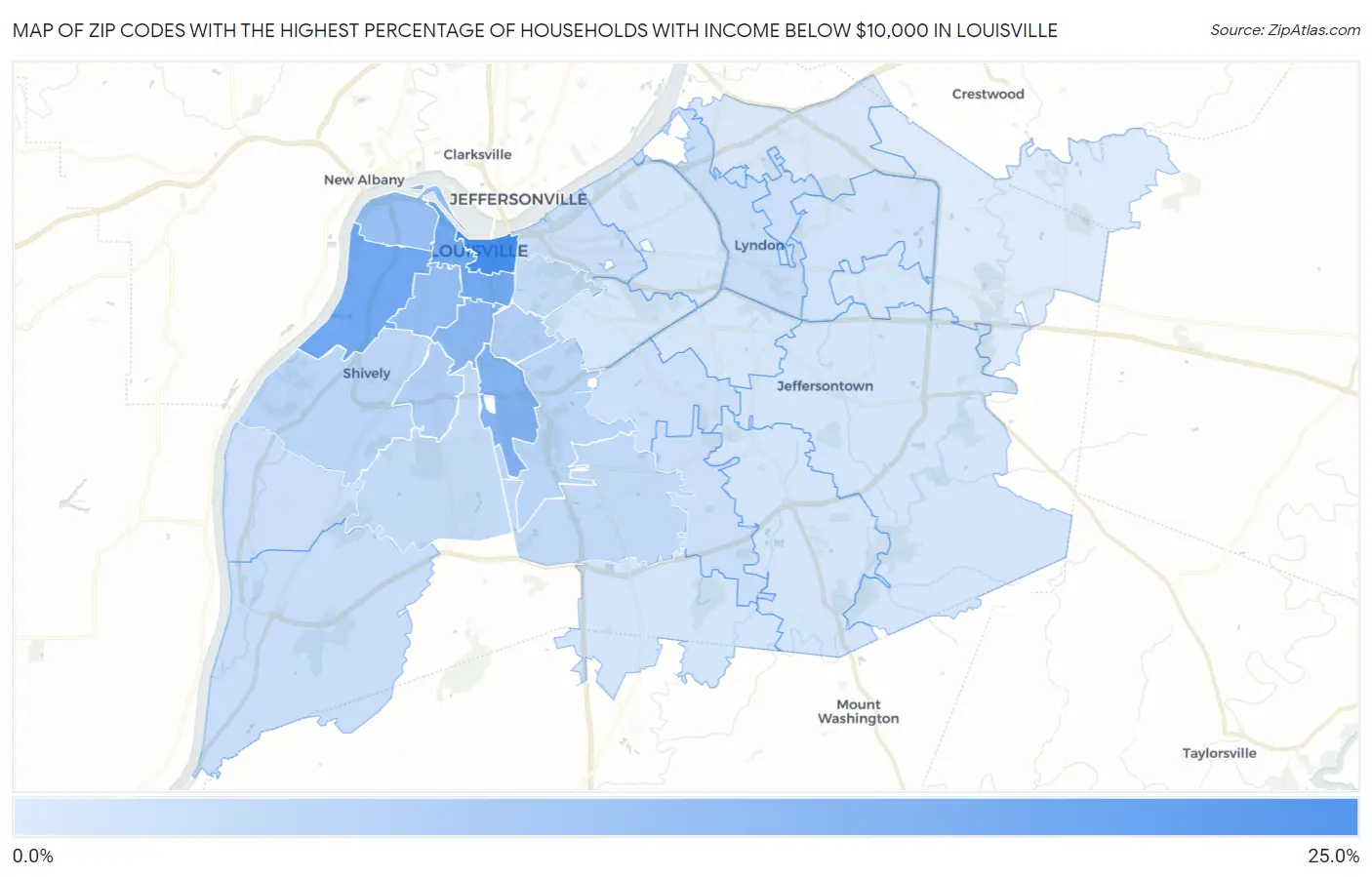 Zip Codes with the Highest Percentage of Households with Income Below $10,000 in Louisville Map
