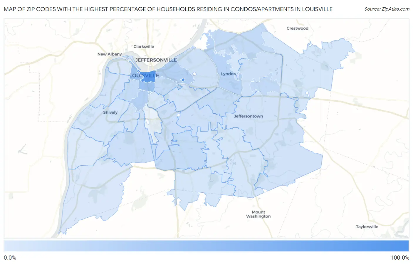 Zip Codes with the Highest Percentage of Households Residing in Condos/Apartments in Louisville Map