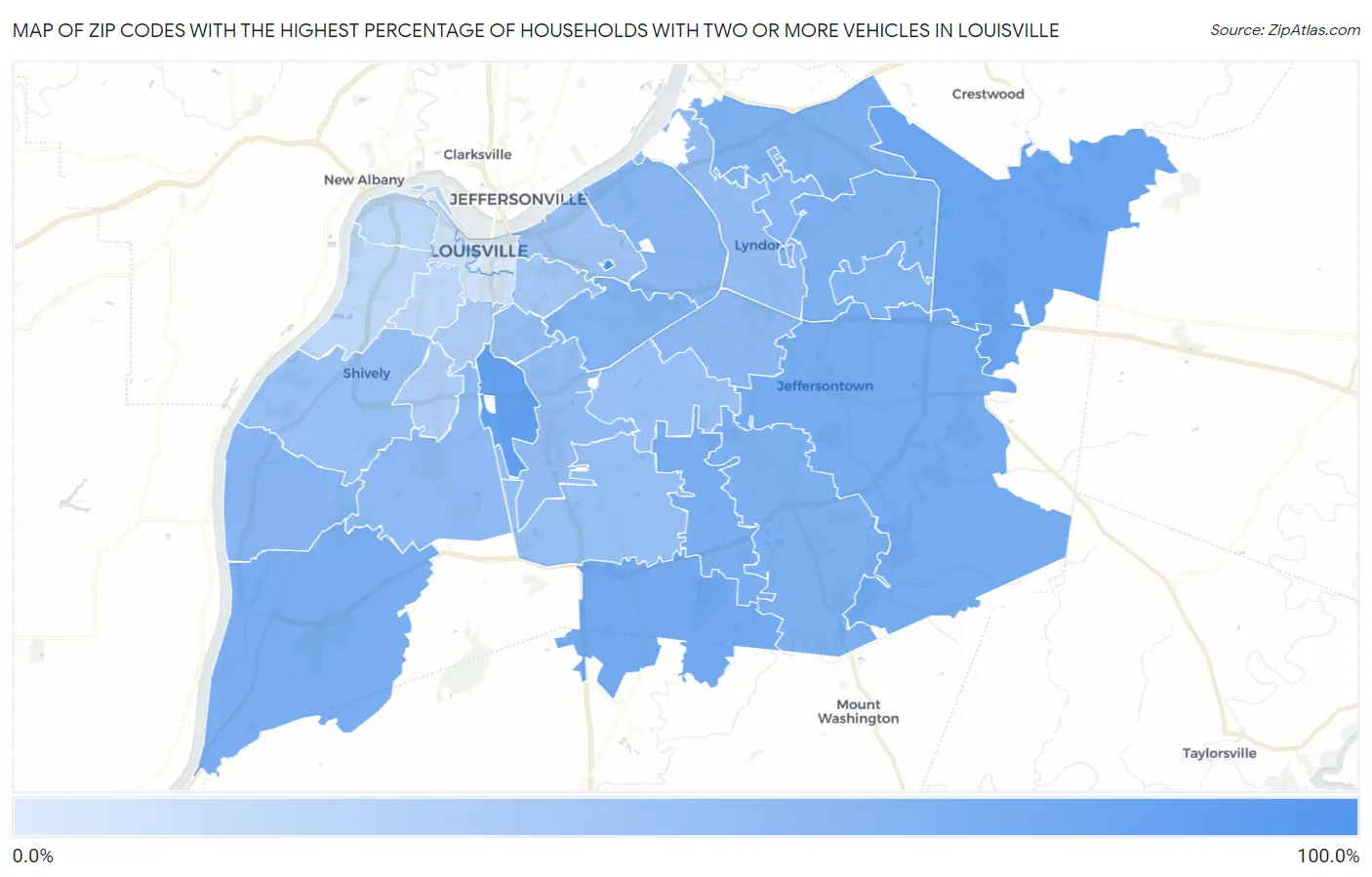 Zip Codes with the Highest Percentage of Households With Two or more Vehicles in Louisville Map