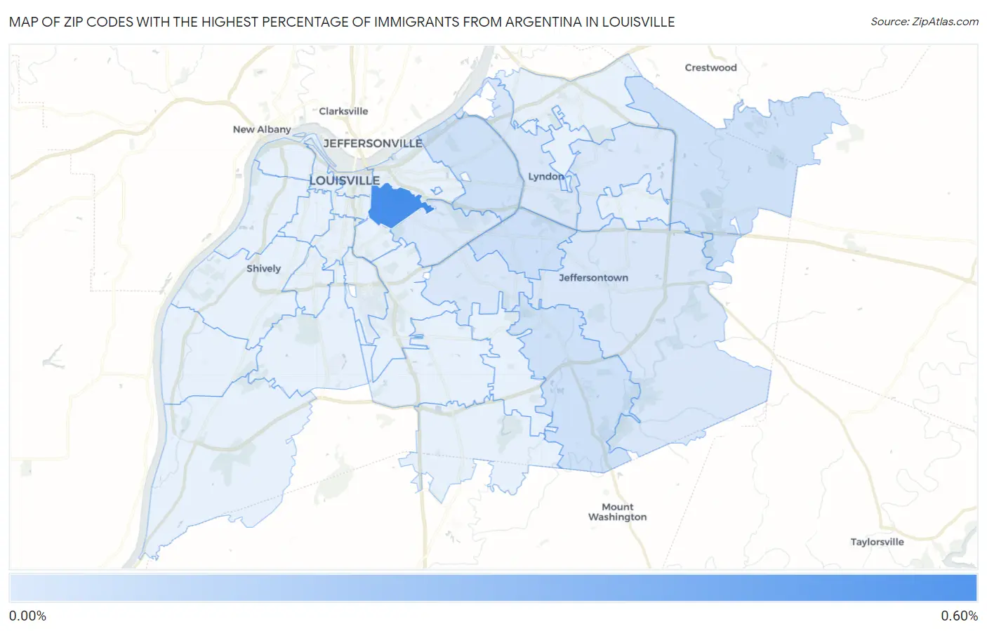 Zip Codes with the Highest Percentage of Immigrants from Argentina in Louisville Map