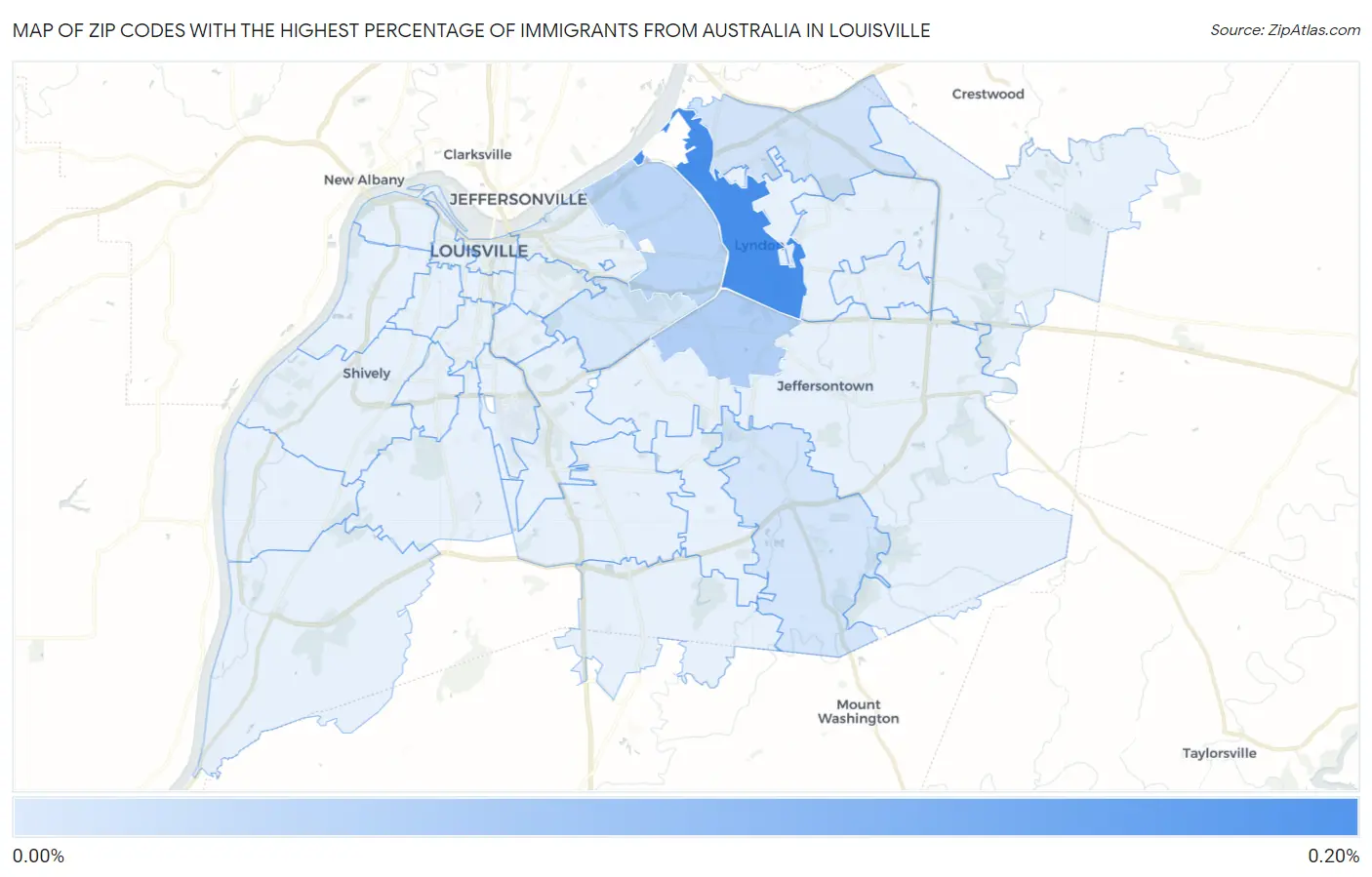 Zip Codes with the Highest Percentage of Immigrants from Australia in Louisville Map