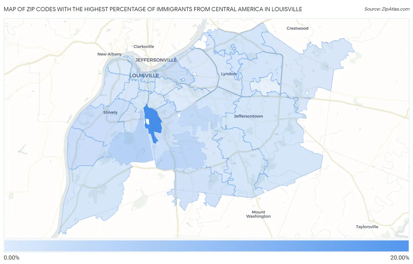 Zip Codes with the Highest Percentage of Immigrants from Central America in Louisville Map
